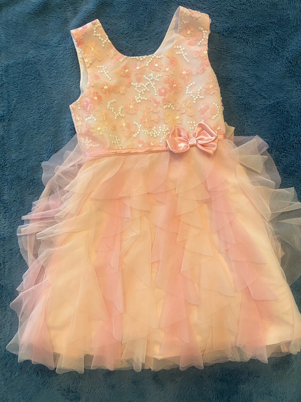 Jona Michelle Peach Pink Floral Tulle Party Dress with Bow